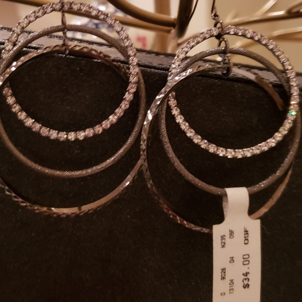 NWT Cache 3 loop tier earrings with rhinestones